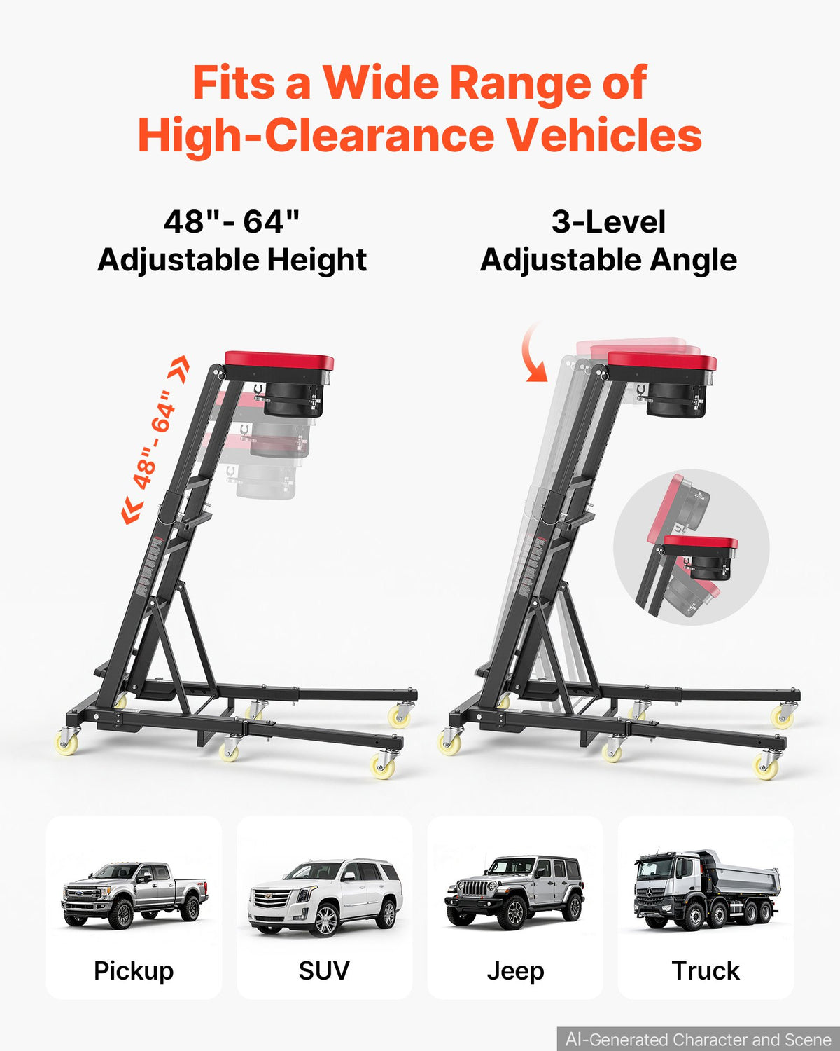 VEVOR Top Automotive Creeper 48"-64" Adjustable with Folding Mechanical Arm, Foldable High Top Engine Creeper, 400LBS Heavy-Duty Support, Stable H-Shaped Base, 6-Wheel Smooth Rolling for Auto Repair - FDJXCTYHXHXK5ZB5D001V0 - view 5