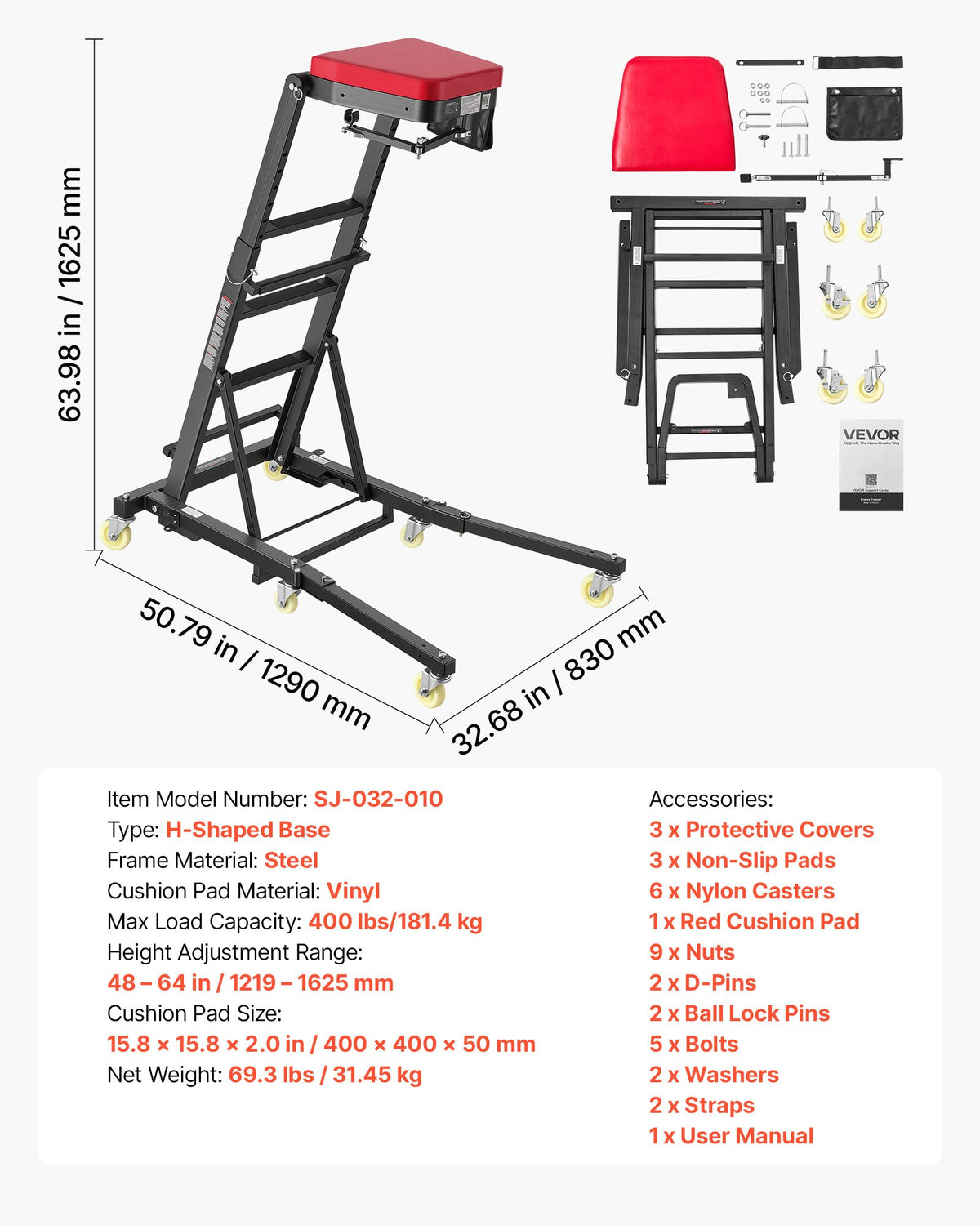 VEVOR Top Automotive Creeper 48"-64" Adjustable with Folding Mechanical Arm, Foldable High Top Engine Creeper, 400LBS Heavy-Duty Support, Stable H-Shaped Base, 6-Wheel Smooth Rolling for Auto Repair - FDJXCTYHXHXK5ZB5D001V0 - view 8