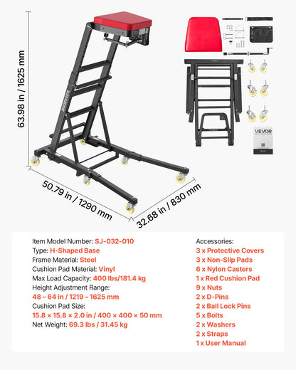 VEVOR Top Automotive Creeper 48"-64" Adjustable with Folding Mechanical Arm, Foldable High Top Engine Creeper, 400LBS Heavy-Duty Support, Stable H-Shaped Base, 6-Wheel Smooth Rolling for Auto Repair - FDJXCTYHXHXK5ZB5D001V0 - view 8