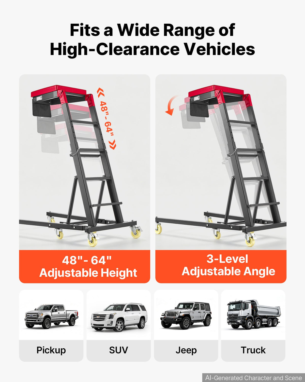 VEVOR Top Automotive Creeper 48"- 64" Adjustable High Top Engine Creeper, Easy Folding, 400LBS Heavy-Duty Steel Support, Stable H-Shaped Base, 6-Wheel Smooth Rolling for Auto Repair and Maintenance - FDJXCTYHXHXKLK4EL001V0 - view 3