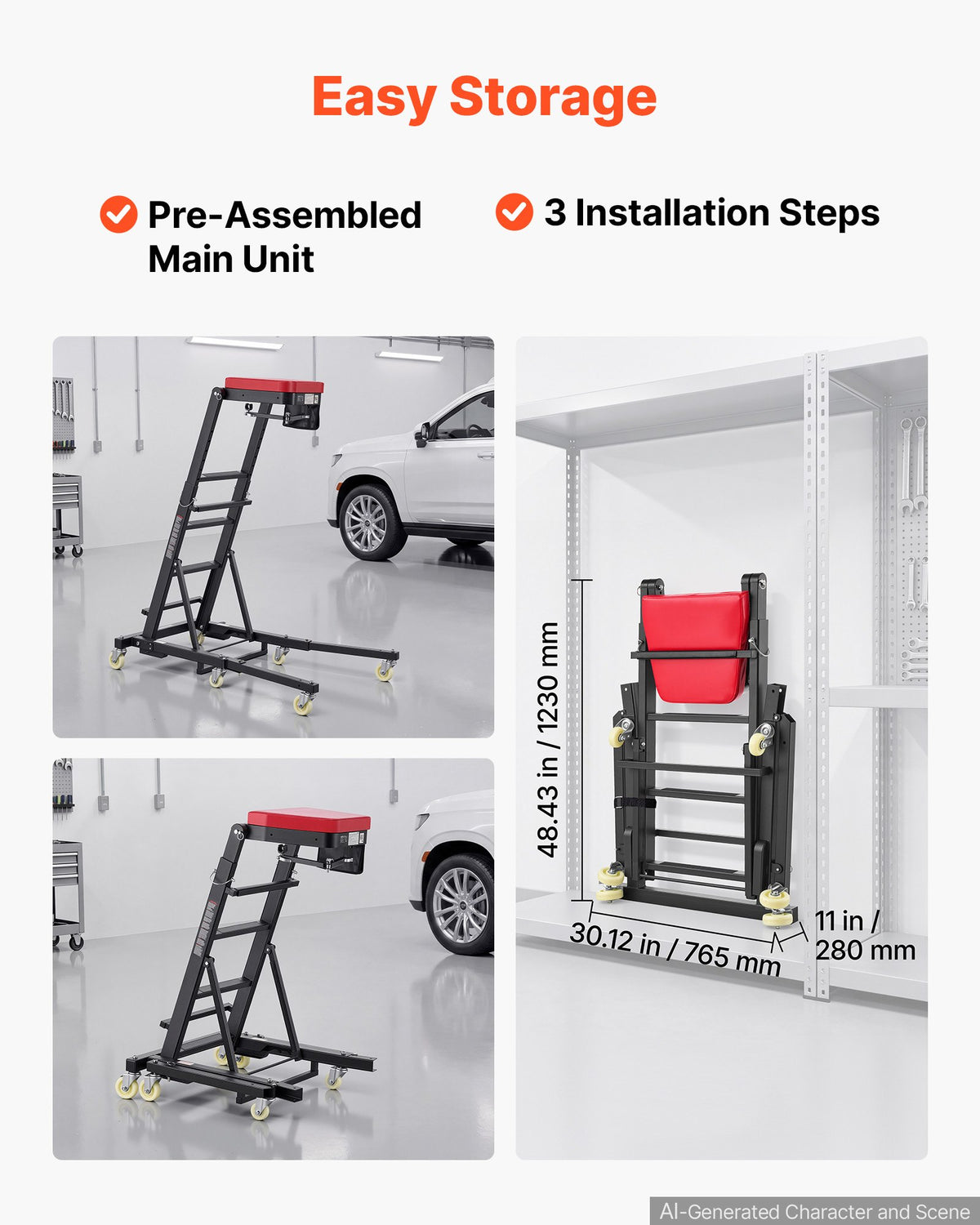VEVOR Top Automotive Creeper 48"-76" Adjustable with Folding Mechanical Arm, Foldable High Top Engine Creeper, 400LBS Heavy-Duty Support, Stable H-Shaped Base, 6-Wheel Smooth Rolling for Auto Repair - FDJXCTYHXHXKXSVXH001V0 - view 3