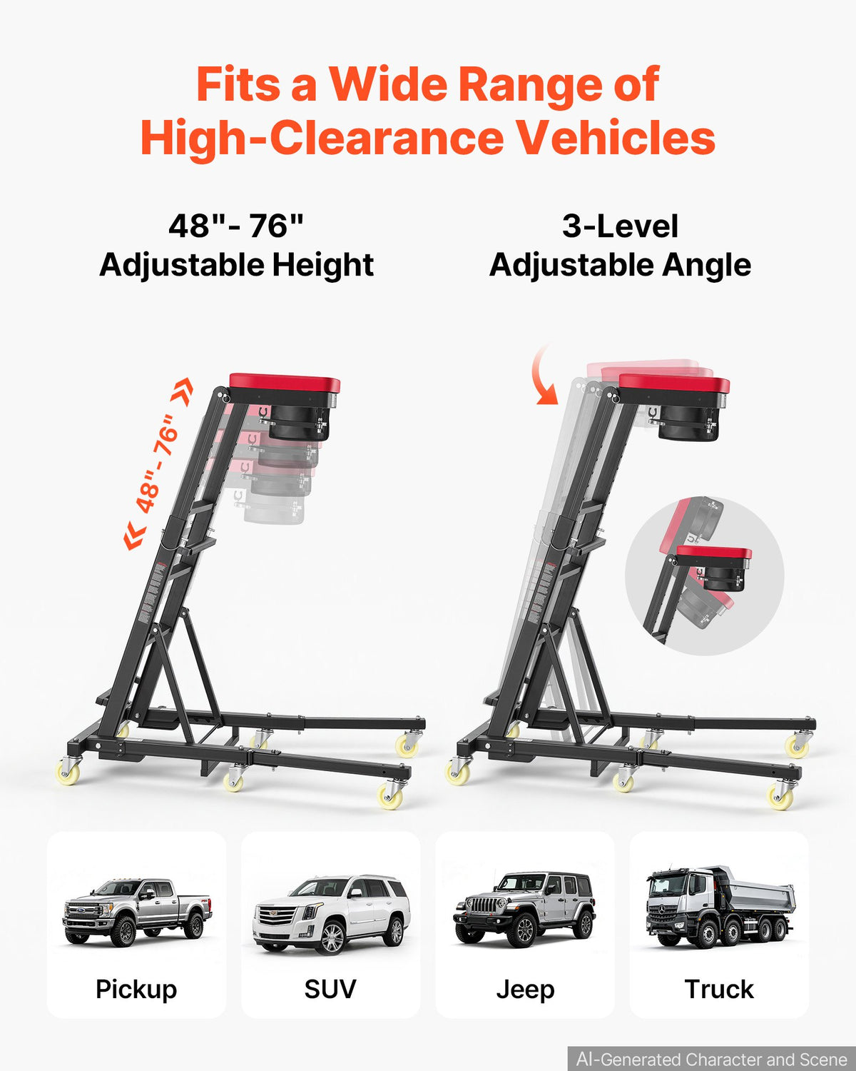 VEVOR Top Automotive Creeper 48"-76" Adjustable with Folding Mechanical Arm, Foldable High Top Engine Creeper, 400LBS Heavy-Duty Support, Stable H-Shaped Base, 6-Wheel Smooth Rolling for Auto Repair - FDJXCTYHXHXKXSVXH001V0 - view 5