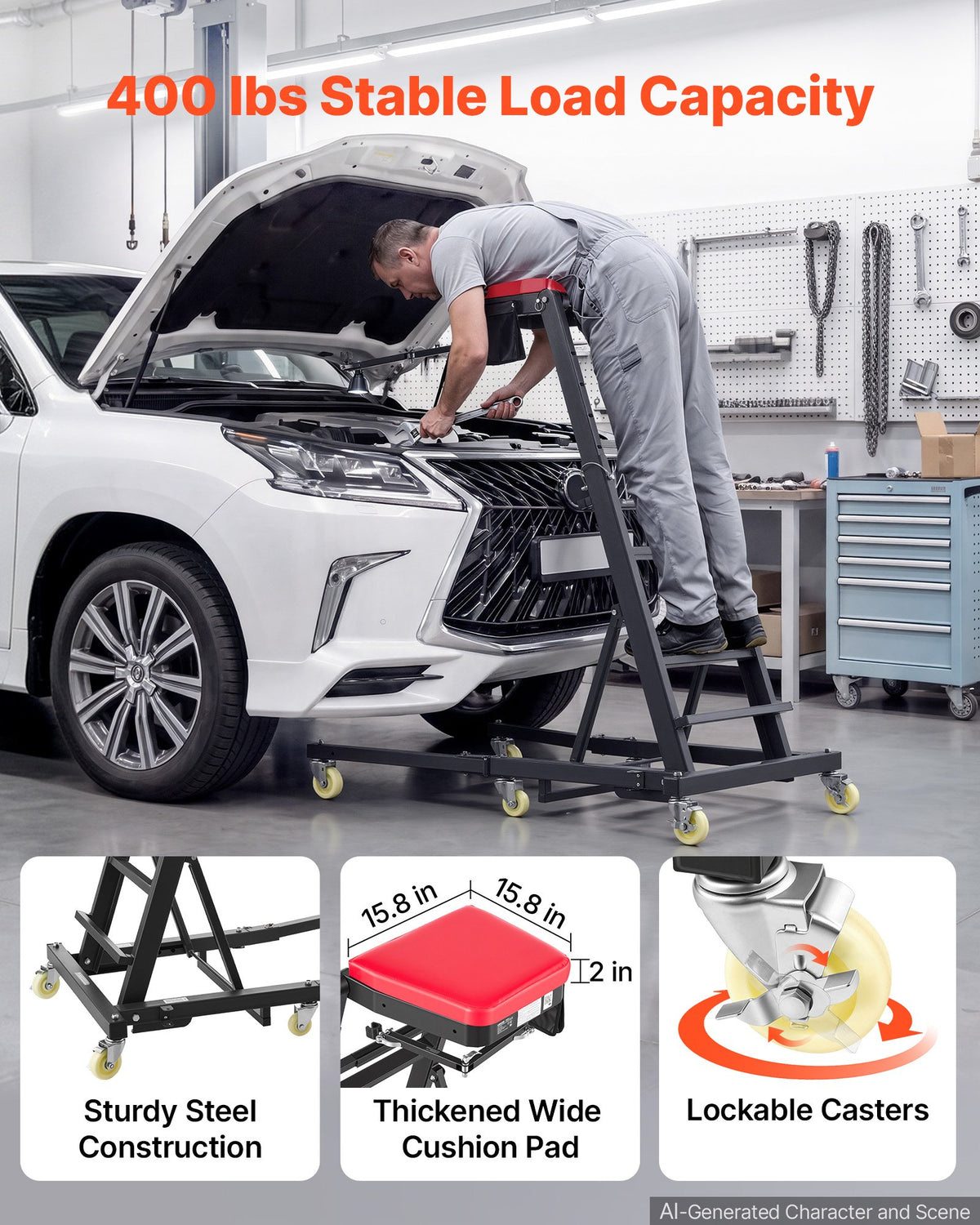 VEVOR Top Automotive Creeper 48"-76" Adjustable with Folding Mechanical Arm, Foldable High Top Engine Creeper, 400LBS Heavy-Duty Support, Stable H-Shaped Base, 6-Wheel Smooth Rolling for Auto Repair - FDJXCTYHXHXKXSVXH001V0 - view 6