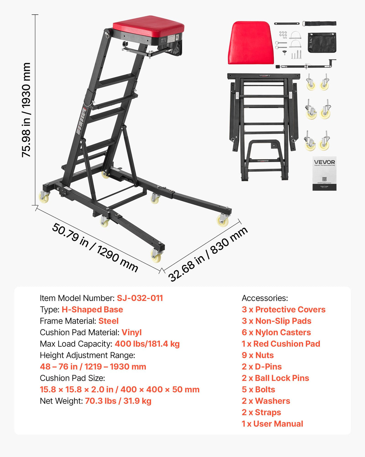 VEVOR Top Automotive Creeper 48"-76" Adjustable with Folding Mechanical Arm, Foldable High Top Engine Creeper, 400LBS Heavy-Duty Support, Stable H-Shaped Base, 6-Wheel Smooth Rolling for Auto Repair - FDJXCTYHXHXKXSVXH001V0 - view 8