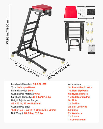 VEVOR Top Automotive Creeper 48"-76" Adjustable with Folding Mechanical Arm, Foldable High Top Engine Creeper, 400LBS Heavy-Duty Support, Stable H-Shaped Base, 6-Wheel Smooth Rolling for Auto Repair - FDJXCTYHXHXKXSVXH001V0 - view 8