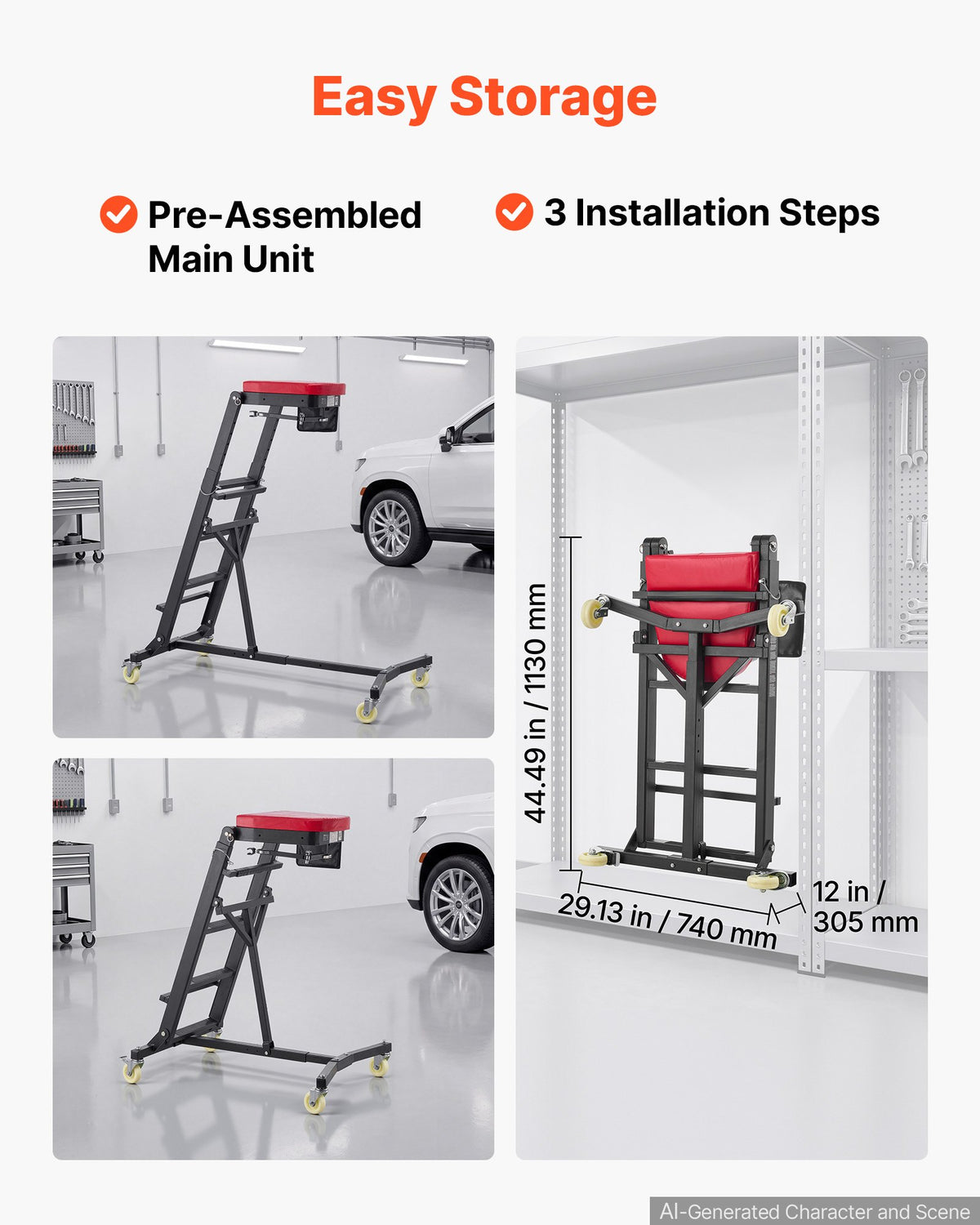 VEVOR Top Automotive Creeper 48"-64" Adjustable with Folding Mechanical Arm, Foldable High Top Engine Creeper, 400LBS Heavy-Duty Support, Stable I-Shaped Base, 4-Wheel Smooth Rolling for Auto Repair - FDJXCTYIXKZDZ5PUM001V0 - view 3