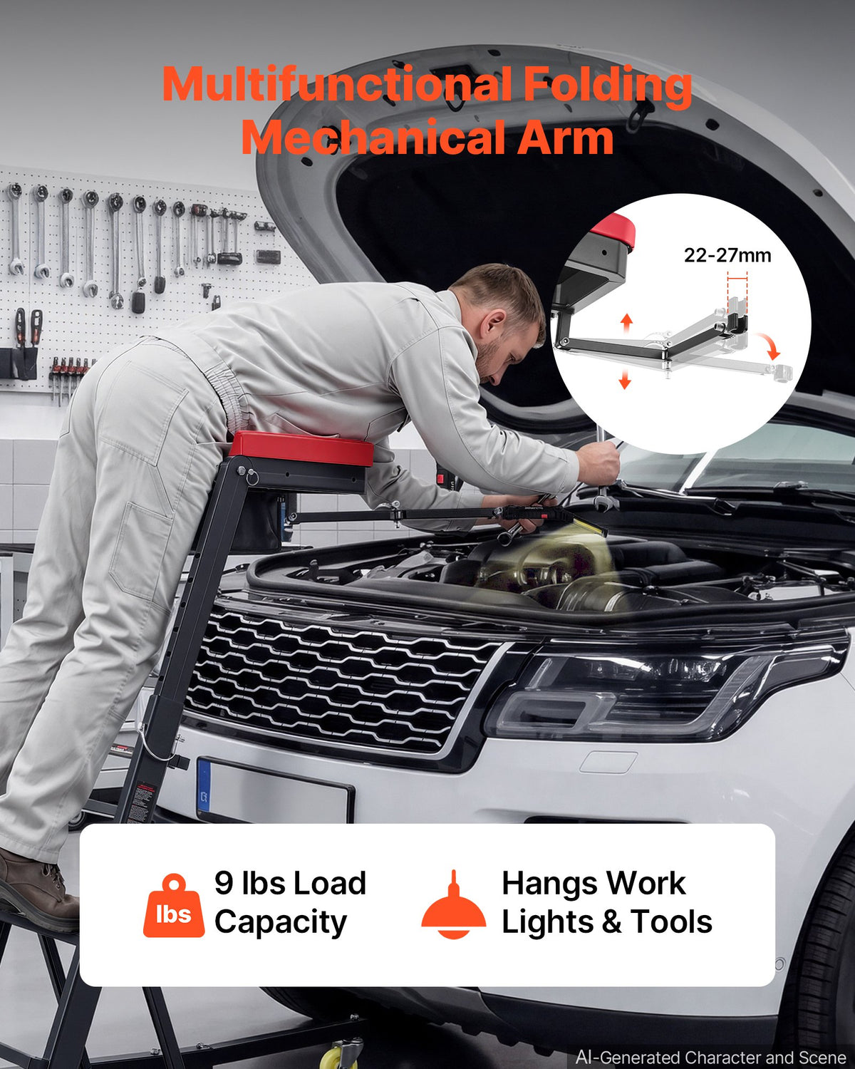 VEVOR Top Automotive Creeper 48"-64" Adjustable with Folding Mechanical Arm, Foldable High Top Engine Creeper, 400LBS Heavy-Duty Support, Stable I-Shaped Base, 4-Wheel Smooth Rolling for Auto Repair - FDJXCTYIXKZDZ5PUM001V0 - view 4