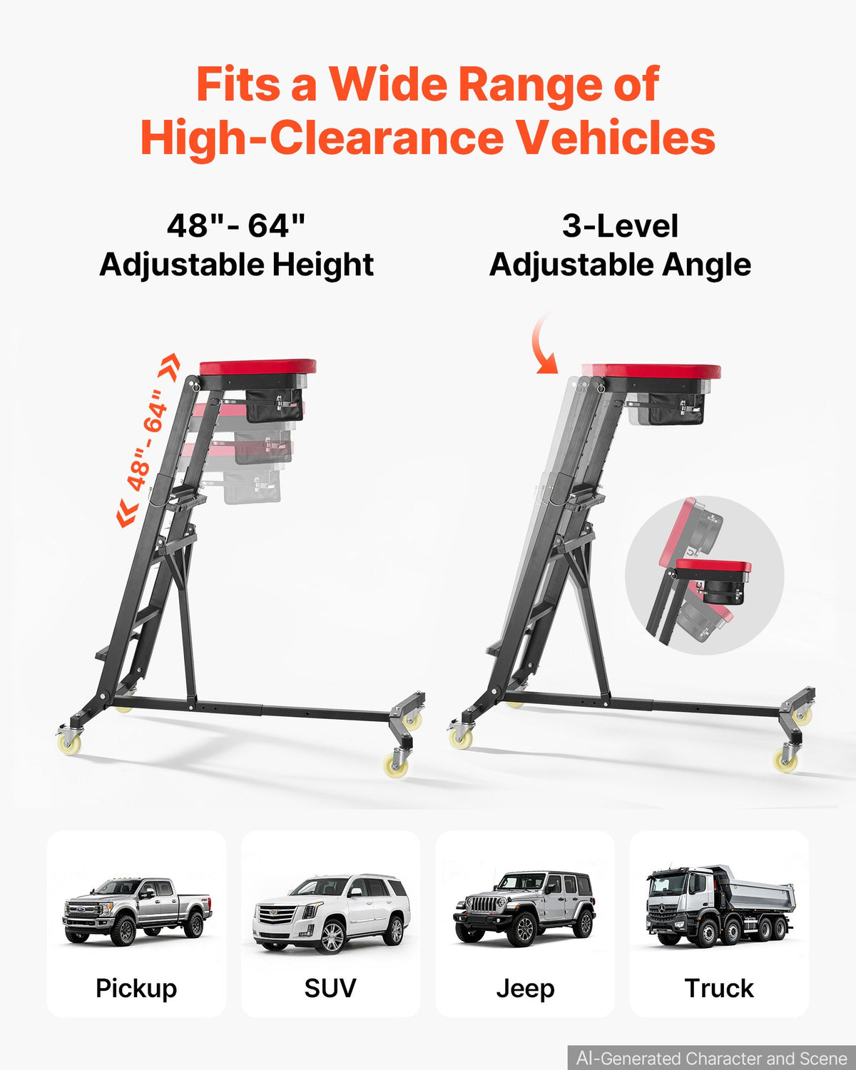 VEVOR Top Automotive Creeper 48"-64" Adjustable with Folding Mechanical Arm, Foldable High Top Engine Creeper, 400LBS Heavy-Duty Support, Stable I-Shaped Base, 4-Wheel Smooth Rolling for Auto Repair - FDJXCTYIXKZDZ5PUM001V0 - view 5