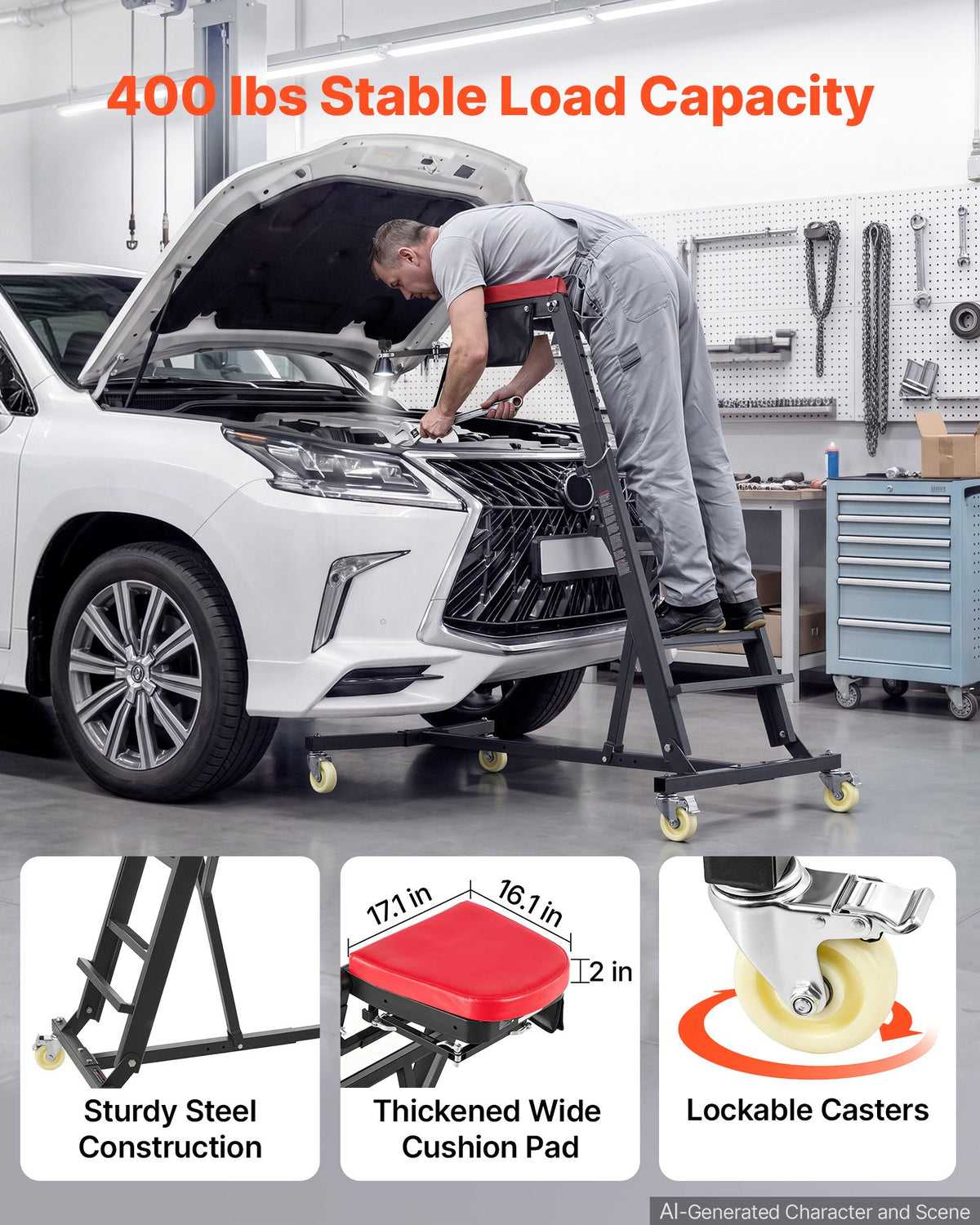 VEVOR Top Automotive Creeper 48"-64" Adjustable with Folding Mechanical Arm, Foldable High Top Engine Creeper, 400LBS Heavy-Duty Support, Stable I-Shaped Base, 4-Wheel Smooth Rolling for Auto Repair - FDJXCTYIXKZDZ5PUM001V0 - view 6