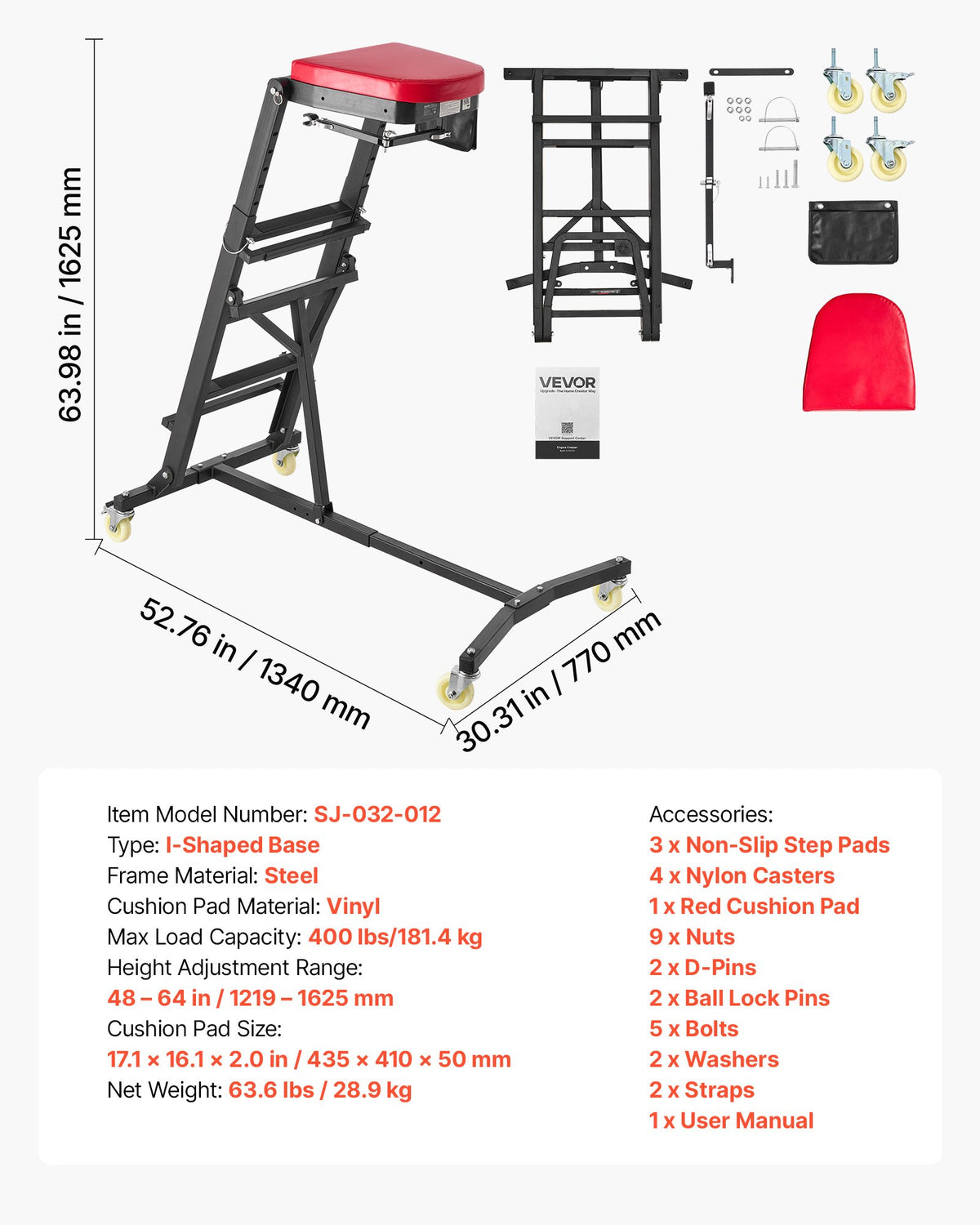 VEVOR Top Automotive Creeper 48"-64" Adjustable with Folding Mechanical Arm, Foldable High Top Engine Creeper, 400LBS Heavy-Duty Support, Stable I-Shaped Base, 4-Wheel Smooth Rolling for Auto Repair - FDJXCTYIXKZDZ5PUM001V0 - view 8