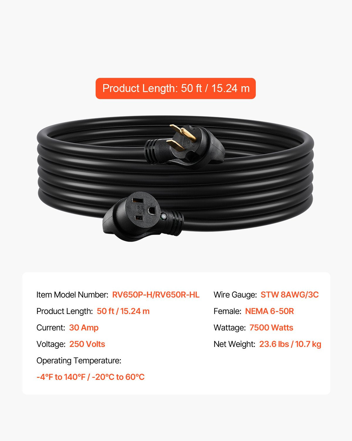 VEVOR 30-Amp Generator Extension Cord, 25 Foot, 250 Volts 7500 Watts Heavy Duty Power Cable, NEMA 6-50P to 6-50R SWT 8AWG Flexible Welder Extension Cord, with Storage Bag, for Generators, ETL Listed - FDJYZX650XFSGO78BV1 - view 8