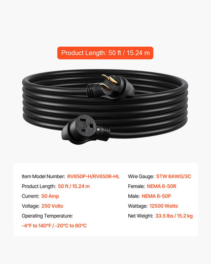 VEVOR 50-Amp Generator Extension Cord, 50 Foot, 250 Volts 12500 Watts Heavy Duty Power Cable, NEMA 6-50R NEMA 6-50P SWT 6AWG Flexible Welder Extension Cord, with Storage Bag, for Generator, ETL Listed - FDJYZX650XFSSB7BVV1 - view 8
