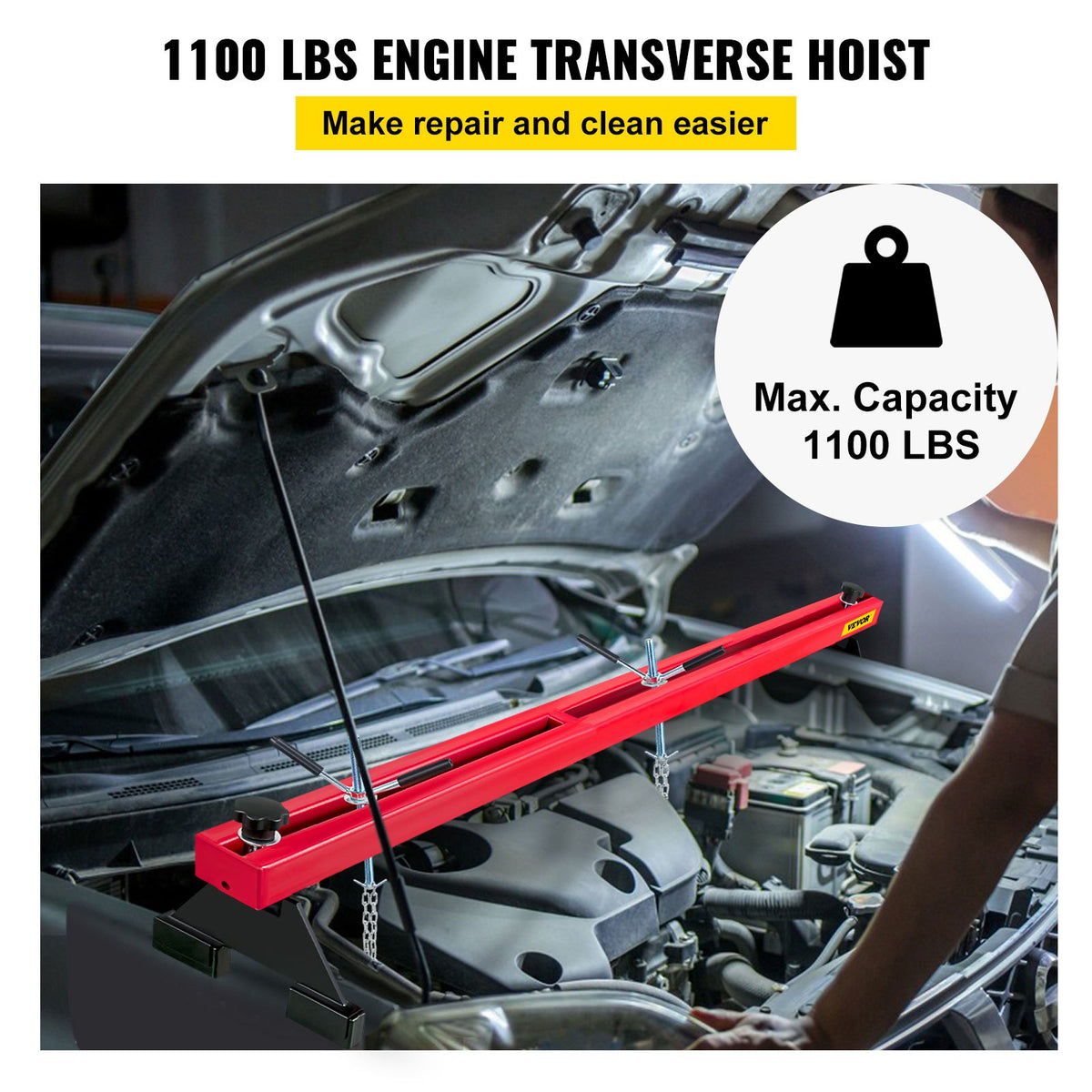 VEVOR Engine Support Bar 1100 Lbs Capacity Engine Transverse Bar Engine Hoist 2 Point Lift Holder Hoist Dual Hooks, Engine Hoist Keeps Engine Stable for Home Garages & Auto Repair  - FDJZCG1100LBSJTOPV0 - view 2