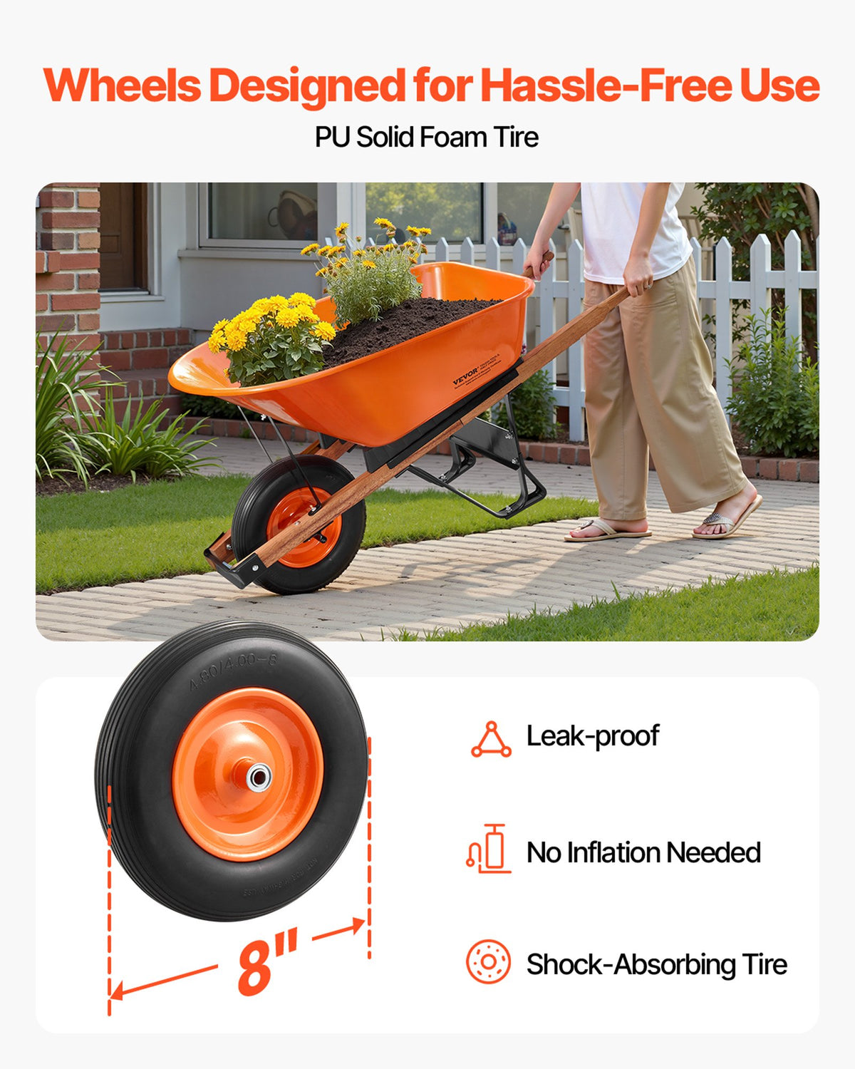 VEVOR Wheelbarrow Cart, 6 Cu. Ft. Load & 330 lbs Capacity, One Wheel Garden Dump Cart Wheel Barrow with Metal Handle &  16"  Wide Track Wheels, Easy Loading Utility Yard Cart & Wagons for Lawn Farm - FDL2LHYTC1JL101ICV0 - view 3