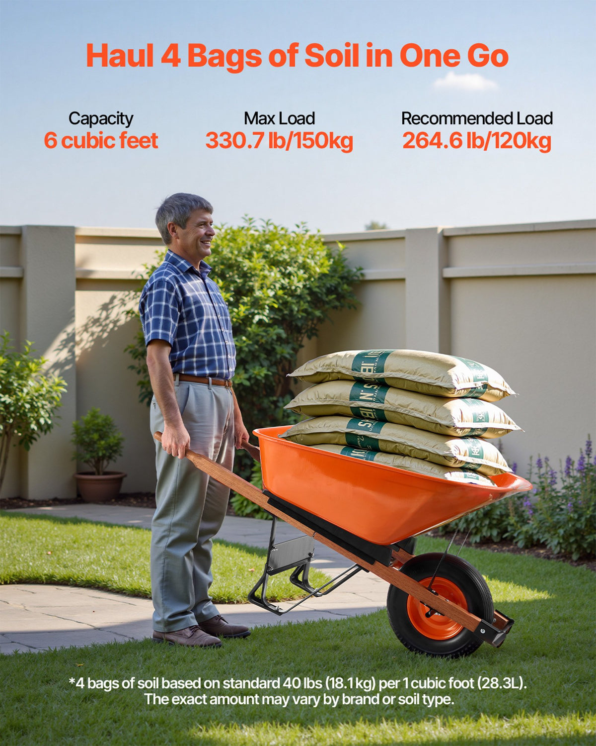 VEVOR Wheelbarrow Cart, 6 Cu. Ft. Load & 330 lbs Capacity, One Wheel Garden Dump Cart Wheel Barrow with Metal Handle &  16"  Wide Track Wheels, Easy Loading Utility Yard Cart & Wagons for Lawn Farm - FDL2LHYTC1JL101ICV0 - view 6