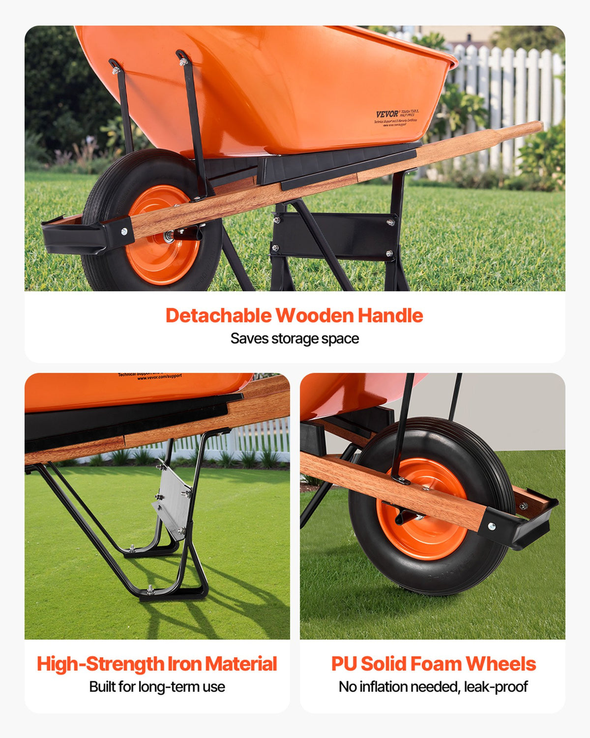 VEVOR Wheelbarrow Cart, 6 Cu. Ft. Load & 330 lbs Capacity, One Wheel Garden Dump Cart Wheel Barrow with Metal Handle &  16"  Wide Track Wheels, Easy Loading Utility Yard Cart & Wagons for Lawn Farm - FDL2LHYTC1JL101ICV0 - view 7