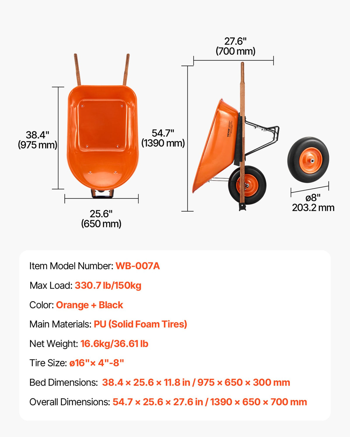 VEVOR Wheelbarrow Cart, 6 Cu. Ft. Load & 330 lbs Capacity, One Wheel Garden Dump Cart Wheel Barrow with Metal Handle &  16"  Wide Track Wheels, Easy Loading Utility Yard Cart & Wagons for Lawn Farm - FDL2LHYTC1JL101ICV0 - view 8