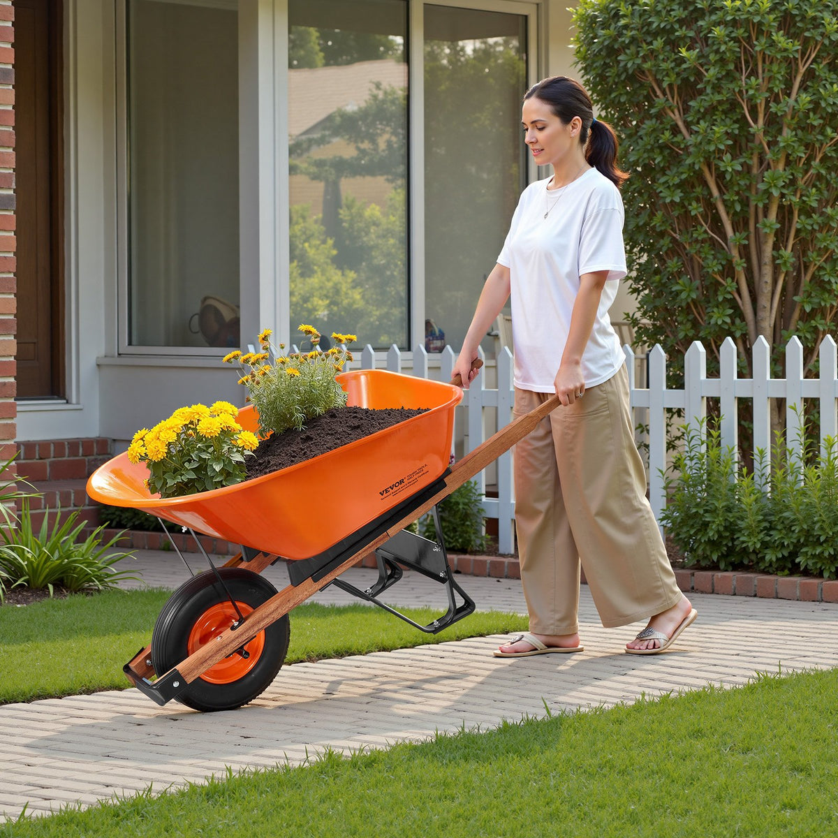 VEVOR Wheelbarrow Cart, 6 Cu. Ft. Load & 330 lbs Capacity, One Wheel Garden Dump Cart Wheel Barrow with Metal Handle &  16"  Wide Track Wheels, Easy Loading Utility Yard Cart & Wagons for Lawn Farm - FDL2LHYTC1JL101ICV0 - view 9