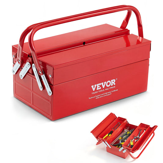VEVOR Metal Tool Box, 14-inch, 2-Tier 3-Tray Portable Folding Tool Chest Organizer with Handle & Lock Hole, Powder Coated Steel, Cantilever Toolbox for Household Factory Warehouse Repair Shop, Red - FDSBXSGJX14I7NN0BV0 - view 1