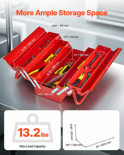 VEVOR Metal Tool Box, 18-inch, 3-Tier 5-Tray Portable Folding Tool Chest Organizer with Handle & Lock Hole, Powder Coated Steel, Cantilever Toolbox for Household Factory Warehouse Repair Shop, Red - FDSBXSGJX18IMMLQMV0 - view 3