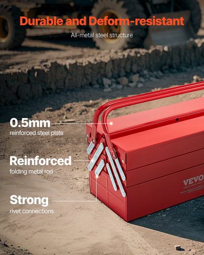 VEVOR Metal Tool Box, 18-inch, 3-Tier 5-Tray Portable Folding Tool Chest Organizer with Handle & Lock Hole, Powder Coated Steel, Cantilever Toolbox for Household Factory Warehouse Repair Shop, Red - FDSBXSGJX18IMMLQMV0 - view 7