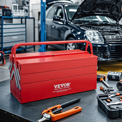 VEVOR Metal Tool Box, 18-inch, 3-Tier 5-Tray Portable Folding Tool Chest Organizer with Handle & Lock Hole, Powder Coated Steel, Cantilever Toolbox for Household Factory Warehouse Repair Shop, Red - FDSBXSGJX18IMMLQMV0 - view 9