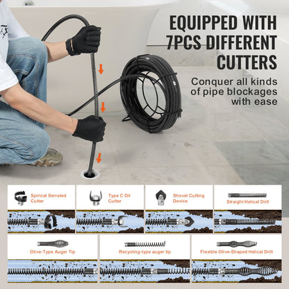 VEVOR Drain Cleaning Cable 100 FT x 5/8 Inch, Professional Sectional Drain Cleaner Cable with 7 Cutters for 0.8" to 3.9" Pipes, Hollow Core Sewer Drain Auger Cable for Sink, Floor Drain, Toilet - FDSDL58IN100OPWKNV0 - view 5