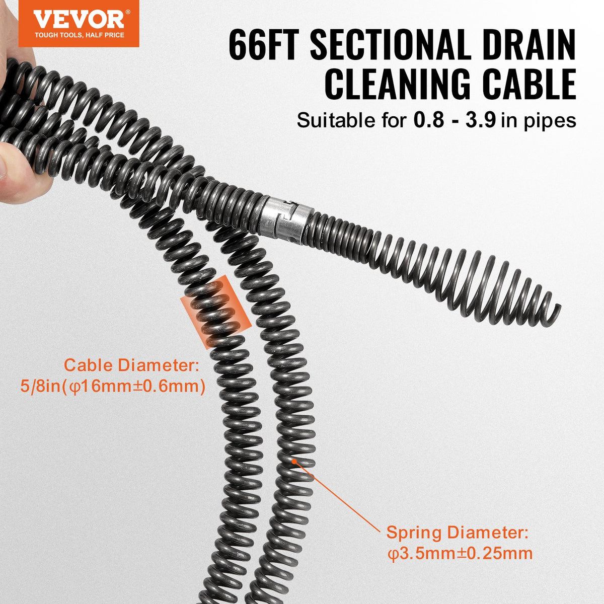 VEVOR Drain Cleaning Cable 66 FT x 5/8 Inch, Professional Sectional Drain Cleaner Cable with 7 Cutters for 0.8" to 3.9" Pipes, Hollow Core Sewer Drain Auger Cable for Sink, Floor Drain, Toilet - FDSDL58IN66YN2IJNV0 - view 3