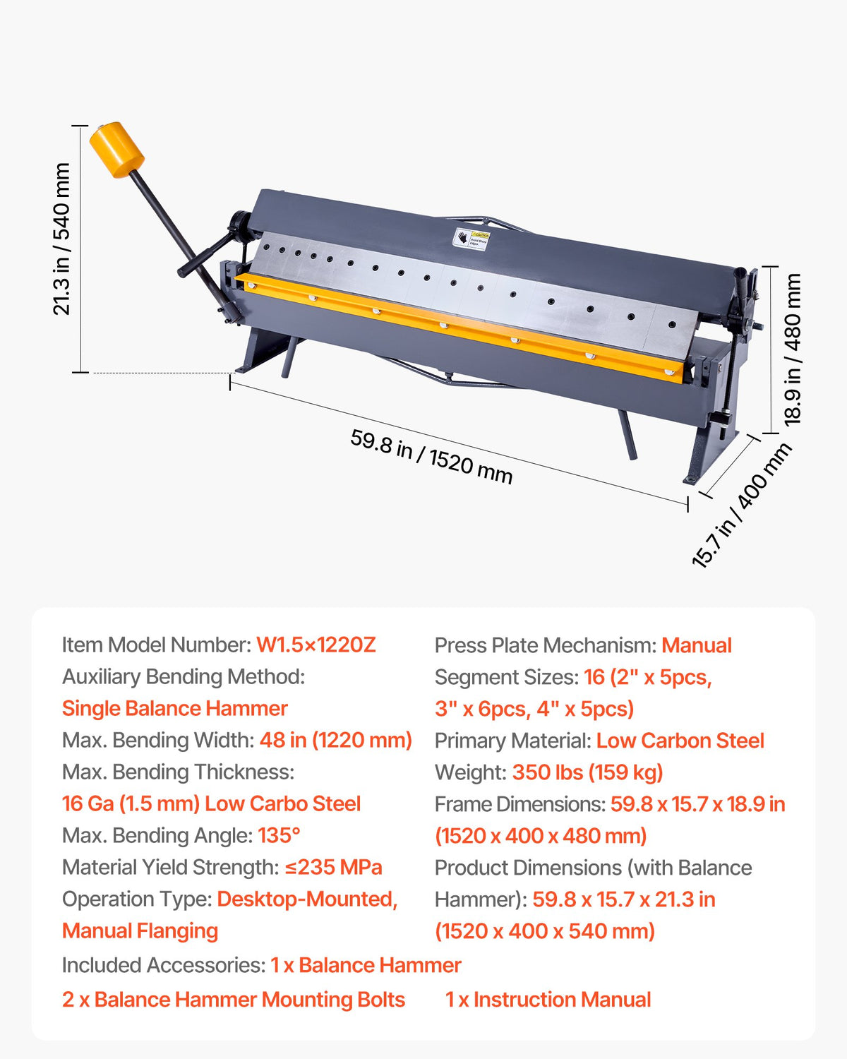 VEVOR Box and Pan Brake, 48 in Sheet Metal Bending Brake,16-Gauge Mild Steel Capacity, 0-135 Degree Adjustable, Metal Bender Machine with 16 Fingers, Heavy-Duty Aluminum Folder for Precise Bending - FDSWQZDQFDSDCWIIW001V0 - view 8