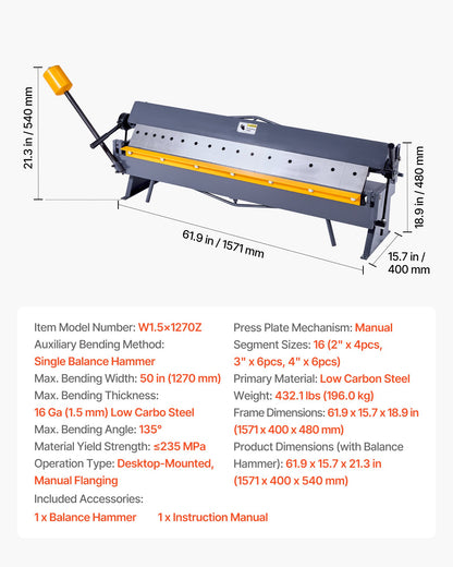 VEVOR Box and Pan Brake, 50 in Sheet Metal Bending Brake,16-Gauge Mild Steel Capacity, 0-135 Degree Adjustable, Metal Bender Machine with 16 Fingers, Heavy-Duty Aluminum Folder for Precise Bending - FDSWQZDQFDSDDV4JK001V0 - view 8