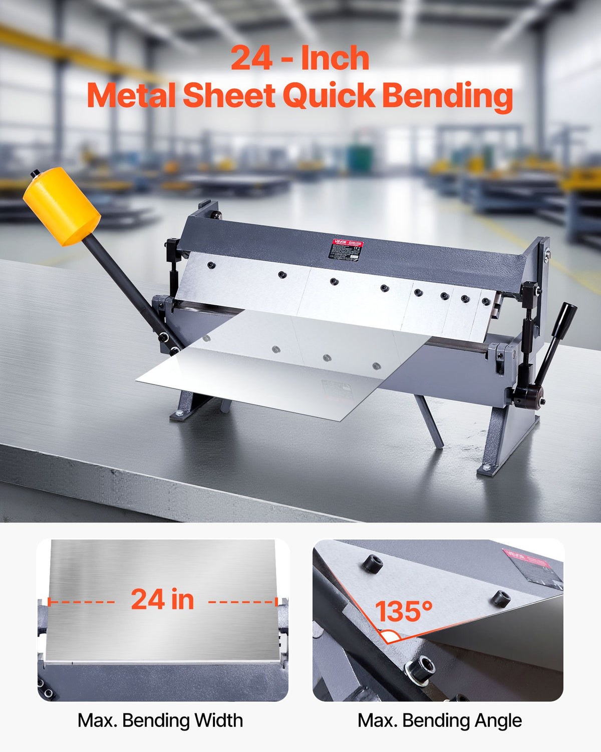 VEVOR Box and Pan Brake, 24 in Sheet Metal Bending Brake,16-Gauge Mild Steel Capacity, 0-135 Degree Adjustable, Metal Bender Machine with 5 Fingers, Heavy-Duty Aluminum Folder for Precise Bending - FDSWQZDQFDSDFLS1F001V0 - view 3