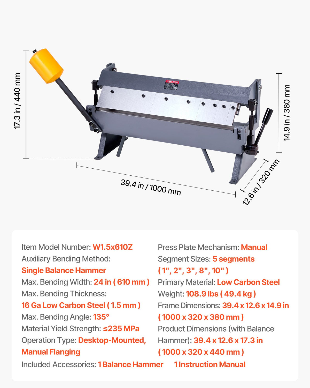 VEVOR Box and Pan Brake, 24 in Sheet Metal Bending Brake,16-Gauge Mild Steel Capacity, 0-135 Degree Adjustable, Metal Bender Machine with 5 Fingers, Heavy-Duty Aluminum Folder for Precise Bending - FDSWQZDQFDSDFLS1F001V0 - view 8