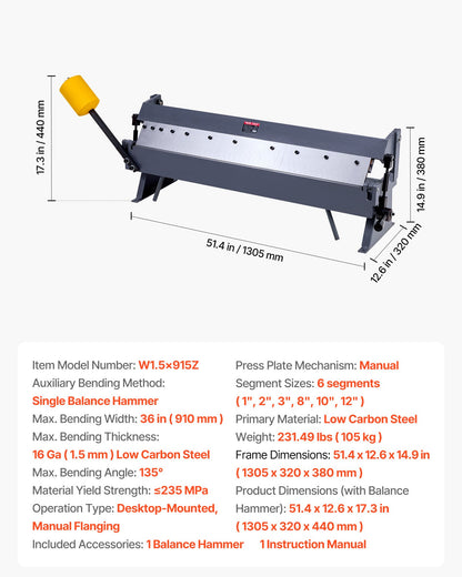 VEVOR Box and Pan Brake, 36 in Sheet Metal Bending Brake,16-Gauge Mild Steel Capacity, 0-135 Degree Adjustable, Metal Bender Machine with 6 Fingers, Heavy-Duty Aluminum Folder for Precise Bending - FDSWQZDQFDSDN0VTX001V0 - view 8