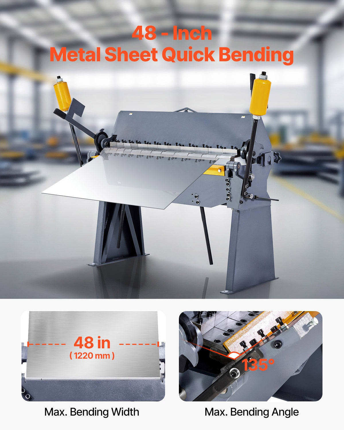 VEVOR Box and Pan Brake, 48 in Sheet Metal Bending Brake, 12-Gauge Mild Steel Capacity, 0-135 Degree Adjustable, Metal Bender Machine with 8 Fingers, Heavy-Duty Aluminum Folder for Precise Bending - FDSWQZDQFDSSSJ8YF001V0 - view 3