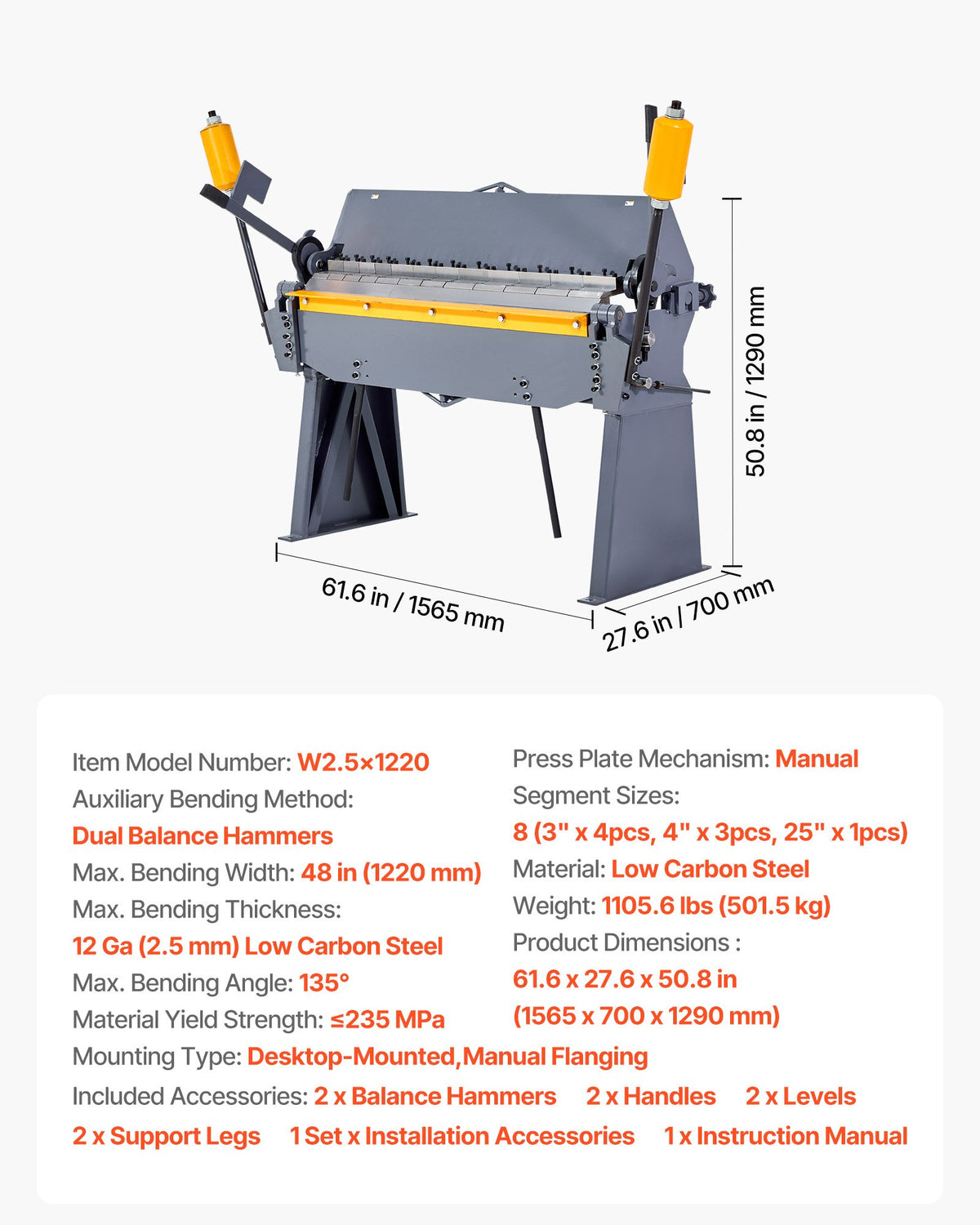VEVOR Box and Pan Brake, 48 in Sheet Metal Bending Brake, 12-Gauge Mild Steel Capacity, 0-135 Degree Adjustable, Metal Bender Machine with 8 Fingers, Heavy-Duty Aluminum Folder for Precise Bending - FDSWQZDQFDSSSJ8YF001V0 - view 8