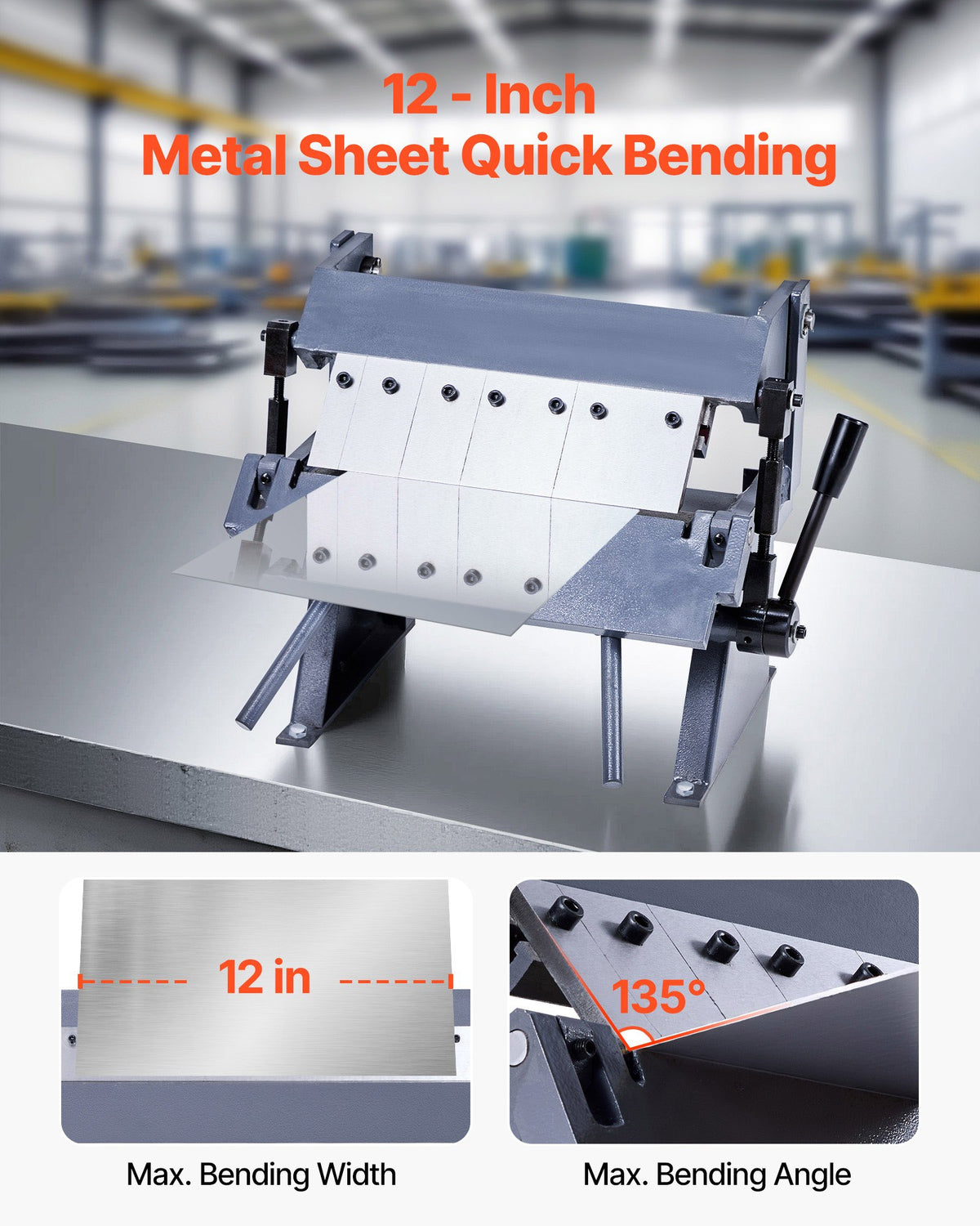 VEVOR Box and Pan Brake, 12 in Sheet Metal Bending Brake, 20-Gauge Mild Steel Capacity, 0-135 Degree Adjustable, Metal Bender Machine with 5 Fingers, Heavy-Duty Aluminum Folder for Precise Bending - FDSWQZDQFDSWK6NDU001V0 - view 3