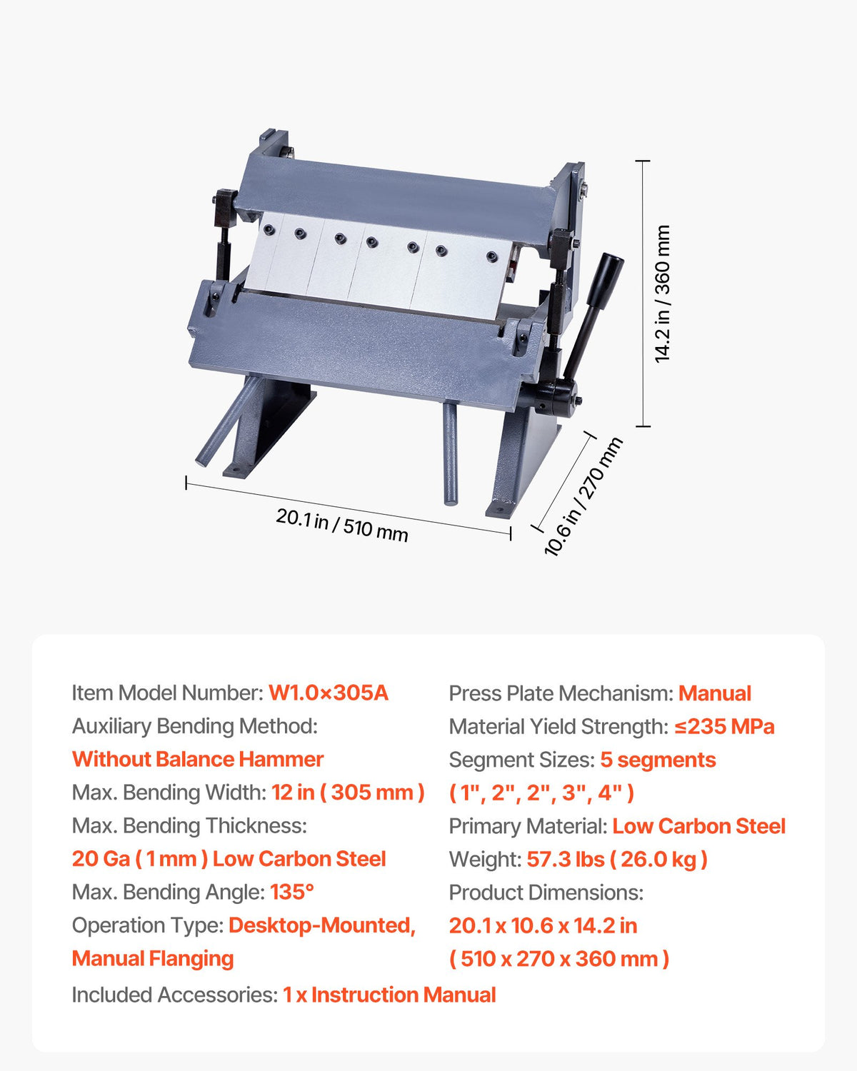 VEVOR Box and Pan Brake, 12 in Sheet Metal Bending Brake, 20-Gauge Mild Steel Capacity, 0-135 Degree Adjustable, Metal Bender Machine with 5 Fingers, Heavy-Duty Aluminum Folder for Precise Bending - FDSWQZDQFDSWK6NDU001V0 - view 8