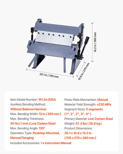 VEVOR Box and Pan Brake, 12 in Sheet Metal Bending Brake, 20-Gauge Mild Steel Capacity, 0-135 Degree Adjustable, Metal Bender Machine with 5 Fingers, Heavy-Duty Aluminum Folder for Precise Bending - FDSWQZDQFDSWK6NDU001V0 - view 8
