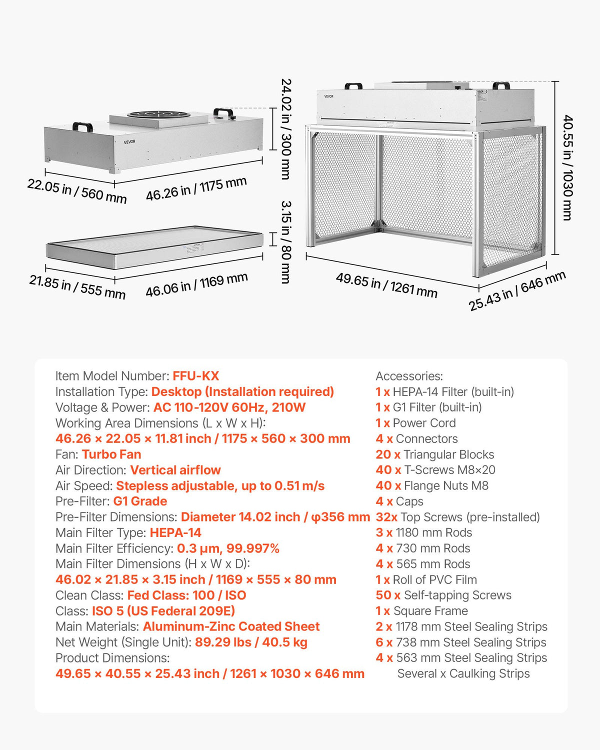 VEVOR Laminar Flow Hood, 24.02 x 46.06 x 27.36 inch Working Area FUU Fan Filter Unit, Meets Class 100/ISO 5 Clean Room Standards, with HEPA-14 Filter and G1 Pre-Filter, for Laboratory, Mushroom Room - FFUFJGLDY40YUSSPB001V1 - view 8
