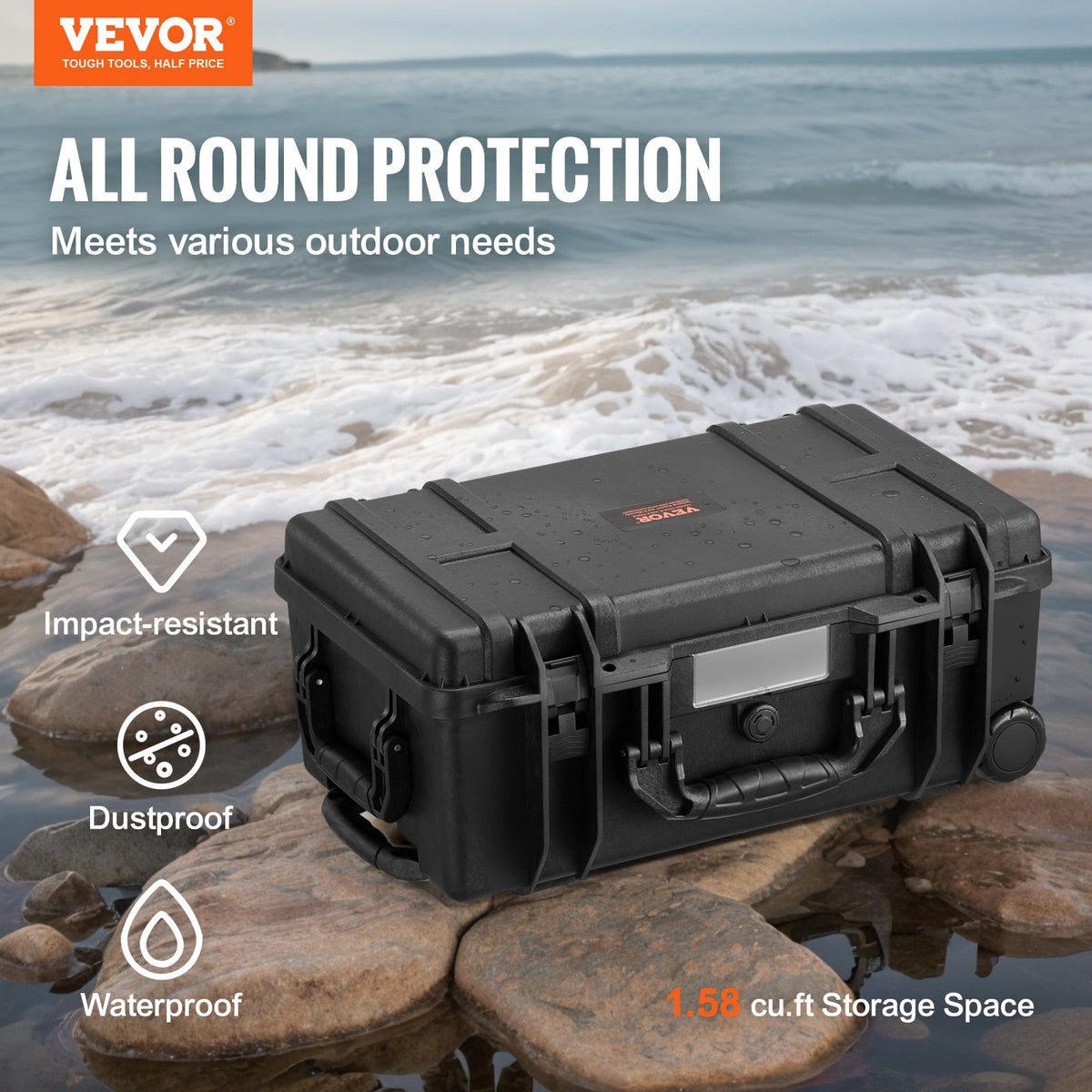 VEVOR Weatherproof Hard Case, Heavy Duty Protective Dry Box Case with Pre-cut Foam, Wheels & Retractable Pull Handles for Travel, Hunt, Military, Tactical, IP67 Waterproof Case for Cameras (64x51x25) - FFYLGX1618CUQYFZ6V0 - view 3