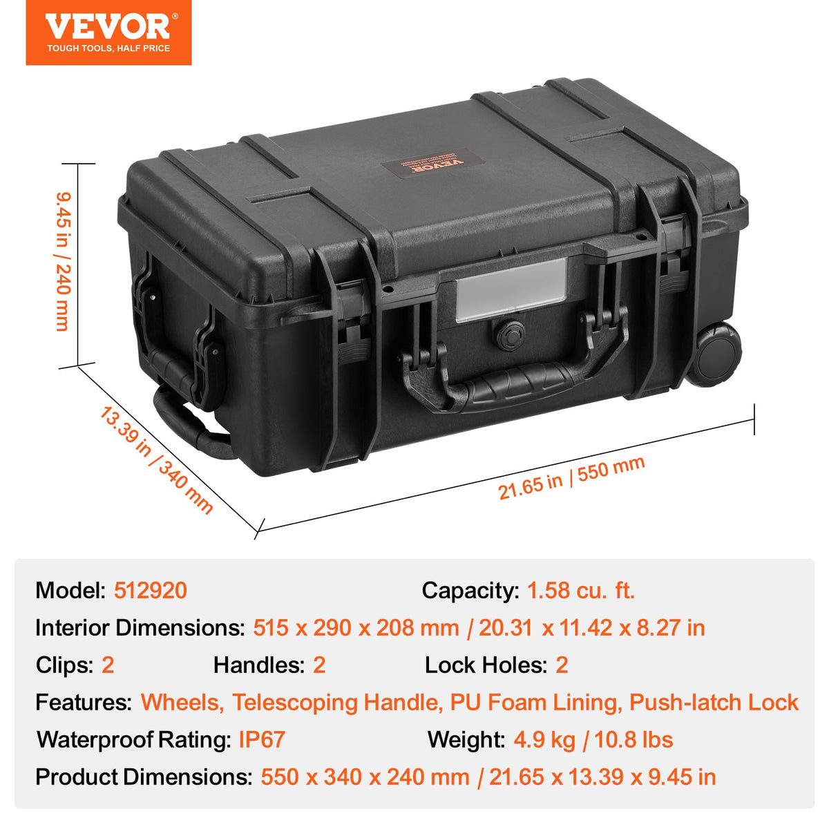 VEVOR Weatherproof Hard Case, Heavy Duty Protective Dry Box Case with Pre-cut Foam, Wheels & Retractable Pull Handles for Travel, Hunt, Military, Tactical, IP67 Waterproof Case for Cameras (64x51x25) - FFYLGX1618CUQYFZ6V0 - view 8