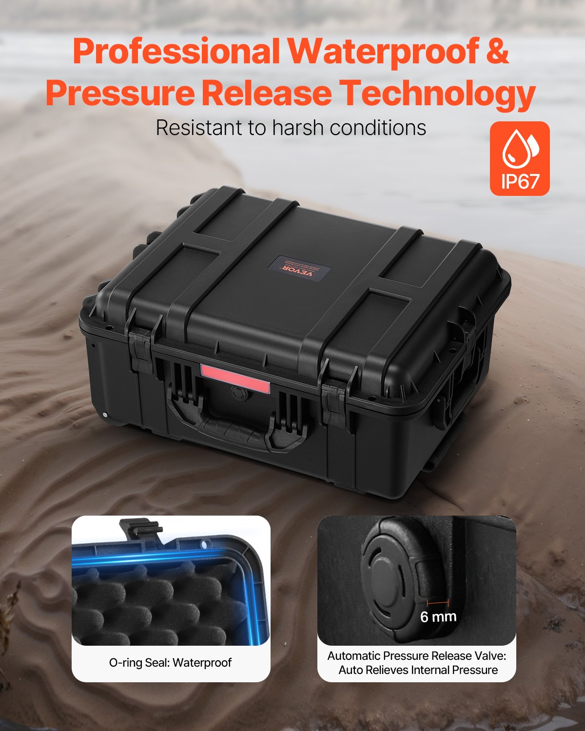 VEVOR Weatherproof Hard Case, Heavy Duty Protective Dry Box Case with Pre-Cut Foam, Wheels & Retractable Pull Handles for Travel, Hunt, Military, Tactical, IP67 Waterproof Case for Cameras(57x45x28) - FFYLGX30LFYC2ZF5YV0 - view 5
