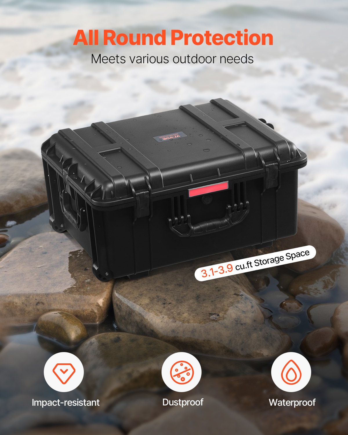 VEVOR Weatherproof Hard Case, Heavy Duty Protective Dry Box Case with Pre-Cut Foam, Wheels & Retractable Pull Handles for Travel, Hunt, Military, Tactical, IP67 Waterproof Case for Cameras(63x50x32) - FFYLGX43LFYCO4BW5V0 - view 3