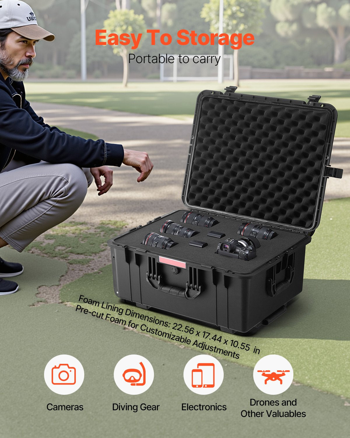 VEVOR Weatherproof Hard Case, Heavy Duty Protective Dry Box Case with Pre-Cut Foam, Wheels & Retractable Pull Handles for Travel, Hunt, Military, Tactical, IP67 Waterproof Case for Cameras(63x50x32) - FFYLGX43LFYCO4BW5V0 - view 4