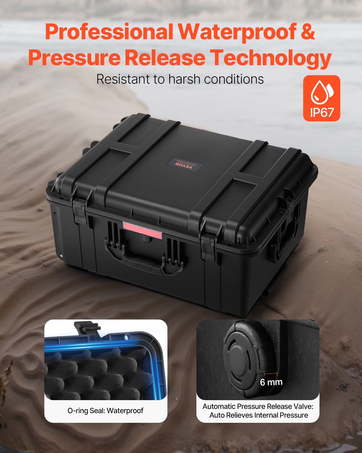 VEVOR Weatherproof Hard Case, Heavy Duty Protective Dry Box Case with Pre-Cut Foam, Wheels & Retractable Pull Handles for Travel, Hunt, Military, Tactical, IP67 Waterproof Case for Cameras(63x50x32) - FFYLGX43LFYCO4BW5V0 - view 5