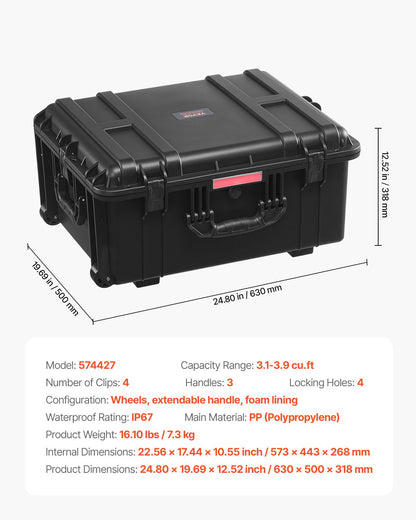 VEVOR Weatherproof Hard Case, Heavy Duty Protective Dry Box Case with Pre-Cut Foam, Wheels & Retractable Pull Handles for Travel, Hunt, Military, Tactical, IP67 Waterproof Case for Cameras(63x50x32) - FFYLGX43LFYCO4BW5V0 - view 8
