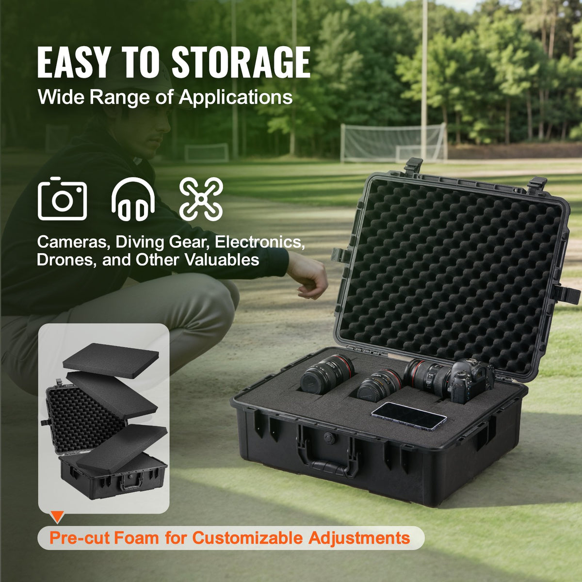 VEVOR Weatherproof Hard Case, Heavy Duty Protective Dry Box Case with Pre-cut Foam, and Retractable Pull Handles for Travel, Hunting, Military, Tactical, IP67 Waterproof Case for Cameras (56.1x37x26) - FFYSTX2025CU96KGUV0 - view 4
