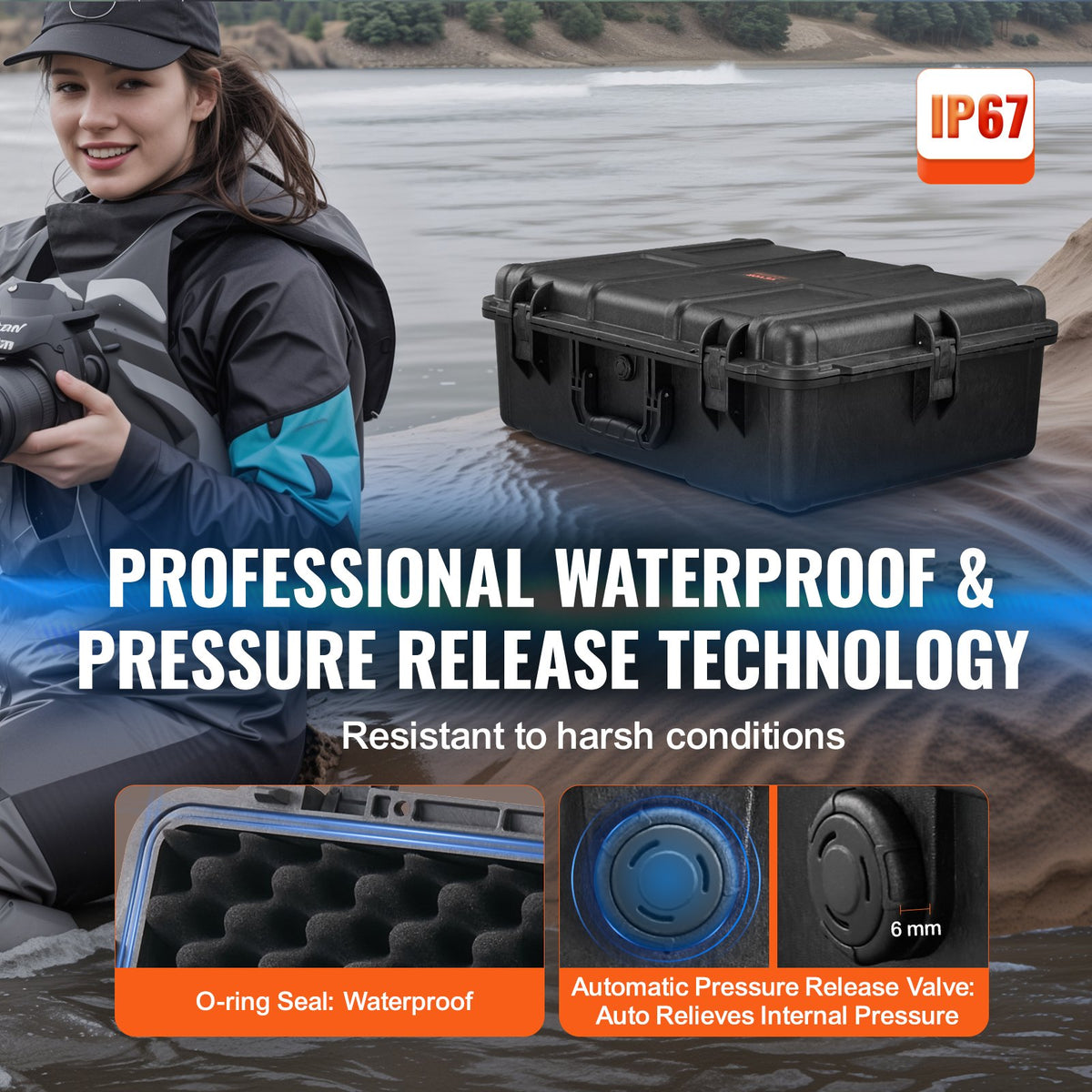 VEVOR Weatherproof Hard Case, Heavy Duty Protective Dry Box Case with Pre-cut Foam, and Retractable Pull Handles for Travel, Hunting, Military, Tactical, IP67 Waterproof Case for Cameras (56.1x37x26) - FFYSTX2025CU96KGUV0 - view 5