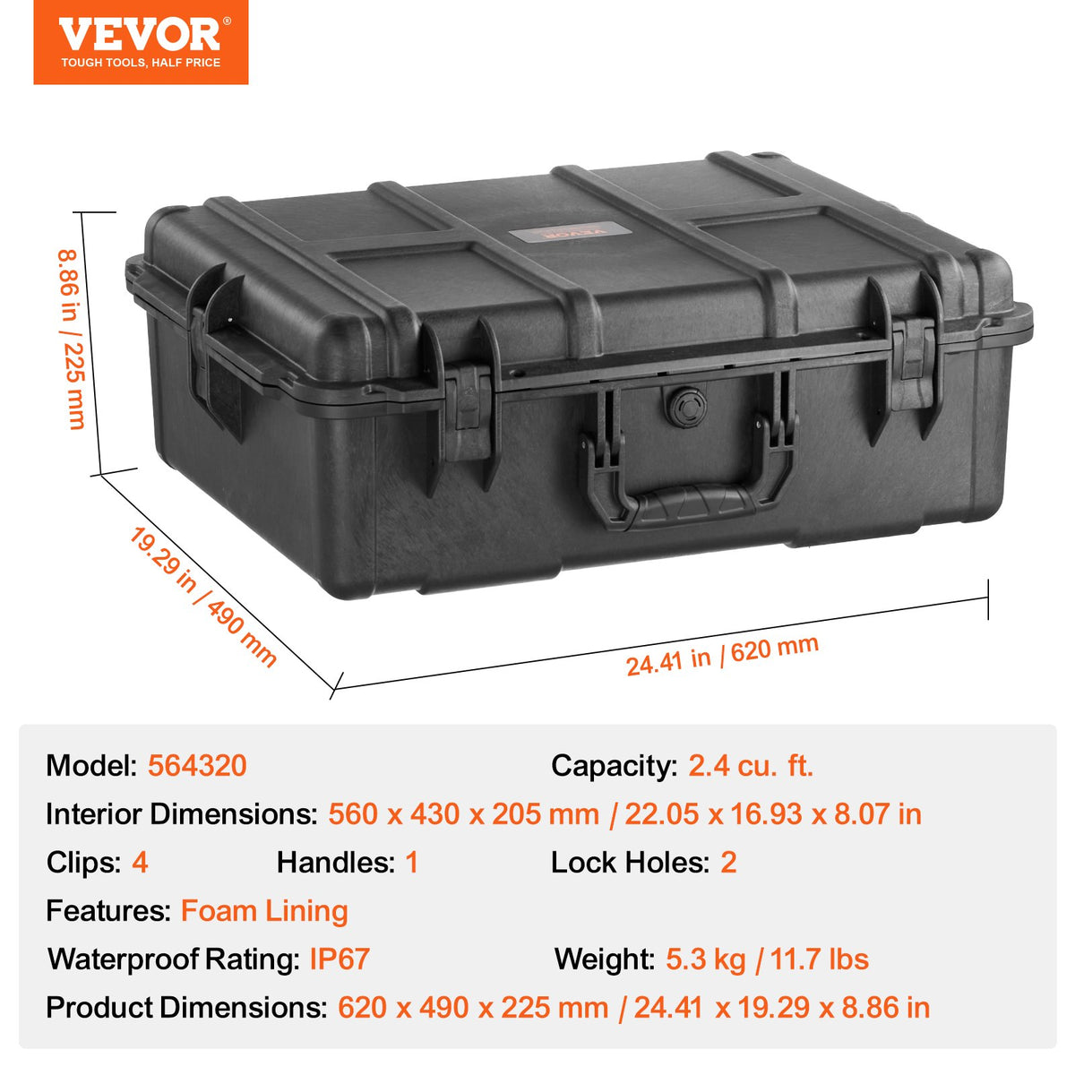 VEVOR Weatherproof Hard Case, Heavy Duty Protective Dry Box Case with Pre-cut Foam, and Retractable Pull Handles for Travel, Hunting, Military, Tactical, IP67 Waterproof Case for Cameras (56.1x37x26) - FFYSTX2025CU96KGUV0 - view 8