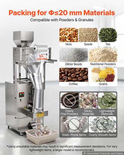 VEVOR Powder Filling and Sealing Machine, 10-999g(0.02-2.2lbs) Automatic Particle Granule Packaging Machine, Stainless Steel, Weighing Filling Sealing, for Coffee Beans, Grains, Tea, Spices, Silver - FFYTLDS1000GAEDVF001V1 - view 5